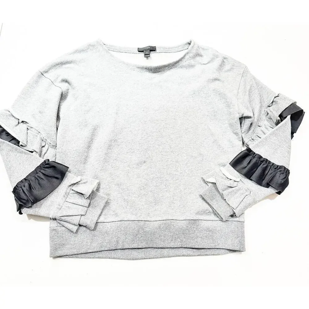 J. Crew Tiered Ruffle Sleeve Crew Neck Sweater Gray Size Small